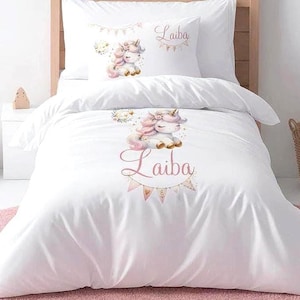 Personalised Unicorn Duvet Cover Set, Custom Name Magical Horse Bedding, Matching Toy Storage Basket, Girl Nursery Whimsical Bedroom