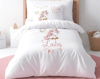 Personalised Unicorn Duvet Cover Set, Watercolour Horse Bedding, Toy Storage Basket