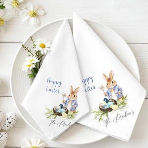 Personalized Classic Rabbit Easter Napkins Custom Name Cloth Table Decor Blue White Gingham Gift