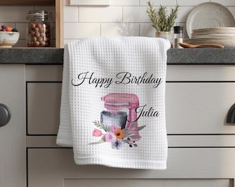 Personalised Floral Pink Mixer Waffle Tea Towel, Custom Name Baking Gift, Birthday Kitchen Decor