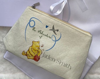 Pooh Bear Travel pouch for passport, personalised Kids holiday case, Blue passport holder, Linen canvas travel bag, Passport bag,