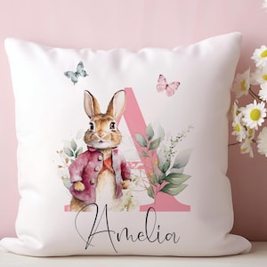 Cojín personalizado con estampado de conejo rosa, funda de almohada con diseño de conejito, artículo para dormitorio infantil, funda de cojín con diseño de letras para niña, regalo de Navidad