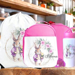 Bouteille d'eau personnalisée de sac à lunch de conception de lapin rose, boîte à lunch de retour à l'école avec l'ensemble de sacs de bouteille de PE, cartable personnalisé de fille