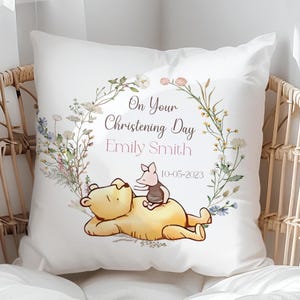 Personalised Floral Pooh Bear and friends Christening Cushion, Spring Flower baptism Pillow,