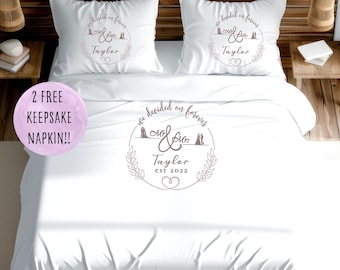 Personalised Bridal Wedding Bedding Set, Mr and Mrs Custom Duvet Cover, Luxury Anniversary Keepsake