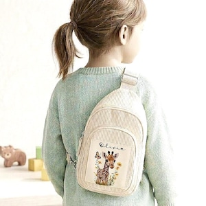Personalised Giraffe Corduroy Sling Bag for Toddlers - Custom Children's Crossbody Pouch - Gift for Adventure
