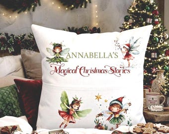 Personalised Christmas Fairy Pocket Pillow Case, Kids Book Cushion Cover, Magical Stories Girls Gift