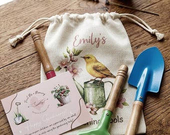 Personalised Kids Gardening Set with Bird Design Linen Bag, Mini Tools, Floral Apron Option