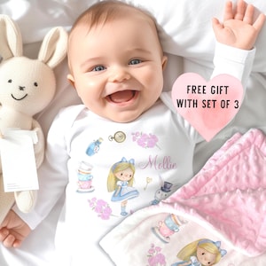 Personalised Alice in Wonderland Baby Set Sleepsuit Bib blanket, quality romper, bespoke nappy caddy