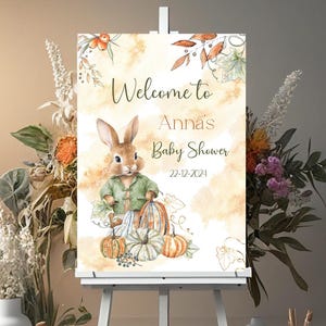 Herbstliches Kaninchen-Set zur Babyparty, 20x20cm: Willkommensschild, Gästebuch aus Samt
