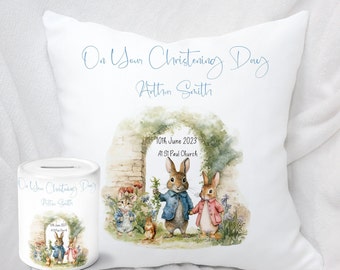Personalised Christening bunny print pillow, twins rabbit design baptism cushion, quality pillow, money box set Gift, Toddler Gift