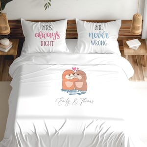 Personalisierter Otter Paar Bettbezug Benutzerdefinierte Mr und Mrs Hochzeitsgeschenk Set Jahrestag Bettwäsche