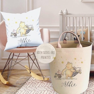 Personalisierter Pooh Bär und Schwein großer BEIGE Spielzeugkorb, Kinderaufbewahrungswanne, Kinderzimmerartikel, neutrale Farbbehälter für Babyartikel, Wandtasche