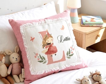 Personalized fairy Nursery Cushion, Initial Pillow, Pink Watercolour Girl on Swing, Linen Monogram Cushion
