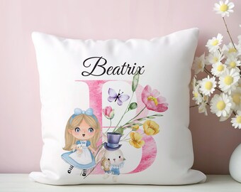 Personalised Alice in Wonderland keepsake initial Cushion: Unique Kids Gift pillow with basket