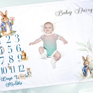 Manta de conejo azul personalizada, manta de crecimiento para niños pequeños, con marcadores, tapete para fotografía, regalo de recuerdo de cumpleaños para bebé.