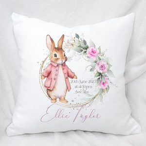 Personalised pink Rabbit Cushion, pink Rabbit baby shower Pillow, baby shower Cushion Cover,, Nursery Christening Gift Baptism Gift image 1