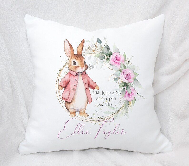 Personalised pink Rabbit Cushion, pink Rabbit baby shower Pillow, baby shower Cushion Cover,, Nursery Christening Gift Baptism Gift image 1