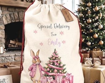 Custom name Pink Rabbit Christmas Sack Personalised Special Delivery 50x70cm Santa Bag