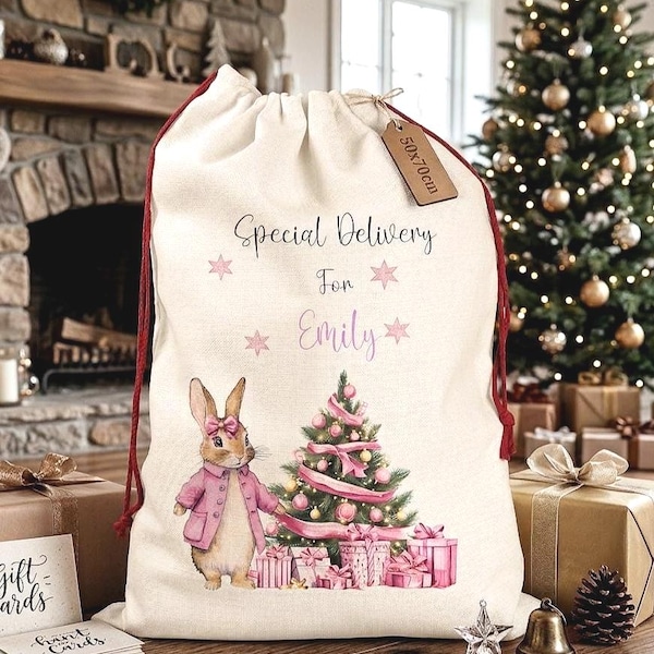 Saco de Navidad personalizado con diseño de conejo rosa, envío especial personalizado, 50 x 70 cm.