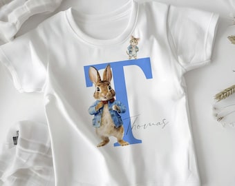 Personalised Blue Rabbit t-shirt, Kids clothing, bunny print tees, tops, Children Letter T shirt, Custom made toddler shirts,