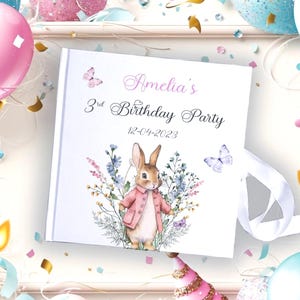 Personalized Birthday Guestbook: pink bunny Satin Hardcover Keepsake Album