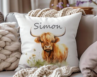 Personalised Highland Cow Cushion, Custom Name Fluffy Cow Pillow, Coo Nursery, Modern Farmhouse basket