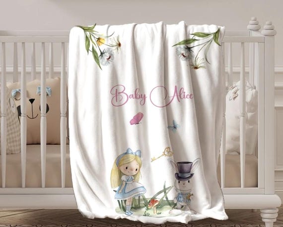 Personalised Alice in Wonderland Baby Blanket, Custom Name Storybook Nursery Soft Watercolour White Rabbit Throw, Girl New-born Gift UK
