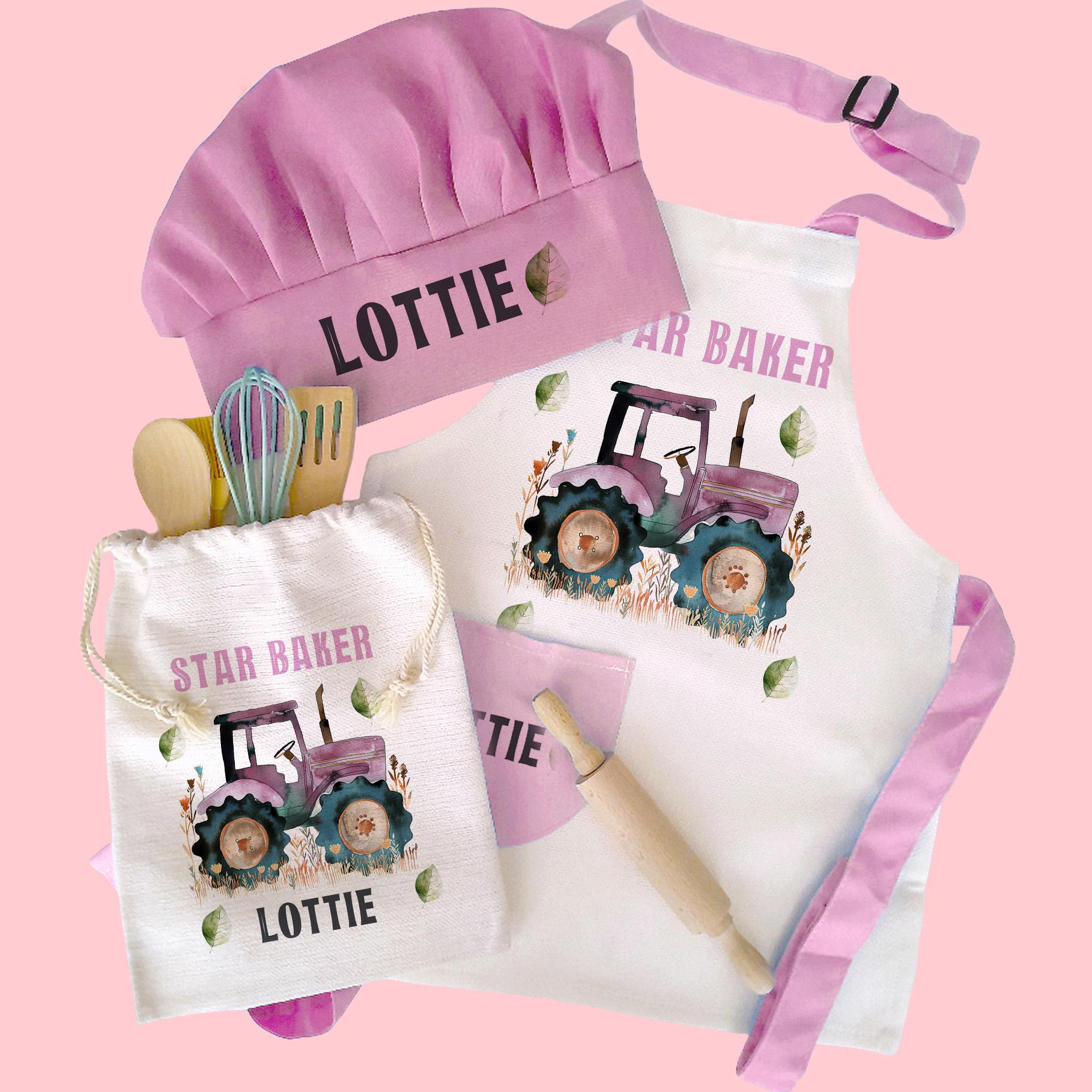 Tablier Enfant Personnalisé Motif Tracteur – Lin, Toque, Sac à Cordon – Cadeau Pâtisserie Noël – Taille Réglable