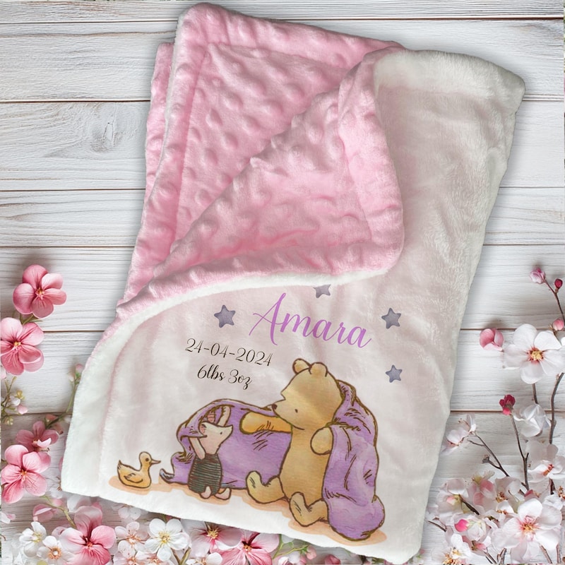 Personalised Pooh bear birth details blanket, quality toddler pink comforter, unique item , baby shower gift, nappy cuddy