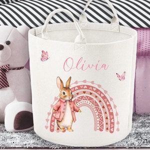 Personalised Pink Rabbit Design LARGE Felt Toy Basket, Kids Storage Bag ...