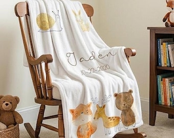 Personalised Baby Blanket with Forest Animal, custom Fleece Crib Bedding New-born Gift cushion