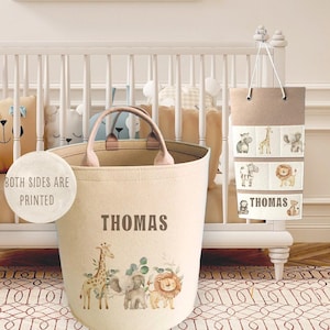 Personalisierter Safari Print Beige Spielzeug Korb mit Filz Organizer, Kinder Aufbewahrungsbox, Kinderzimmer Artikel Set, Behälter für Baby Artikel, Hängetasche