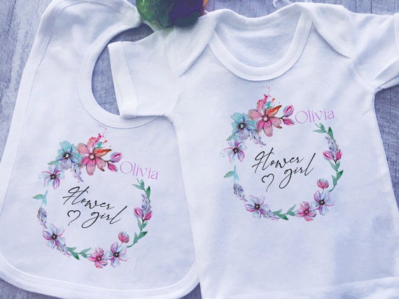 Personalized Flower Girl Baby Romper, Floral Wreath, Wedding Gift