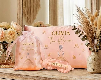 Personalised Bride Satin Gift Set Custom Name Wedding Pouch Silk Eye Mask Bridal Shower