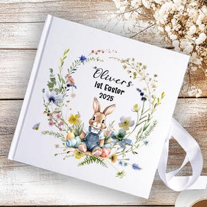 Libro degli ospiti personalizzato per il compleanno dei bambini con copertina rigida in velluto per la PRIMA PASQUA, album fotografico ricordo, blocco note coniglietto blu, album di qualità