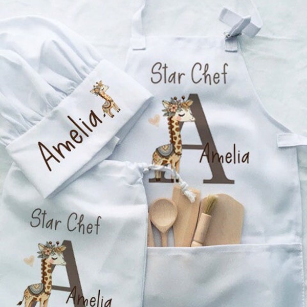 Personalised giraffe print baking apron set, chef hat, wooden set, tabard, canvas cooking pinny, quality kids pinafore