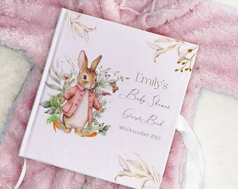 Livre d'or personnalisé pour baby shower sur le thème du lapin rose à couverture rigide, album photo en velours de qualité, livre de souvenirs, livre d'or révélateur de genre