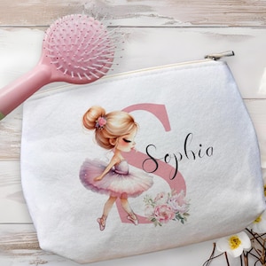 Personalisierte Ballerina Initial Print Schminktasche mit Pinsel, Mädchen niedlich Kosmetiktasche, kleine Tänzerin, Geburtstagsgeschenk Idee, Filz Kulturtasche