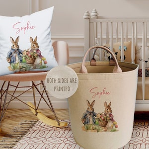 Personalisierter Kaninchen-Druck großer Spielzeugkorb mit beigen Griffen, Kinderaufbewahrungstasche, Kinderzimmerkissen, Boxbehälter für Babyartikel, Spielzeugwanne