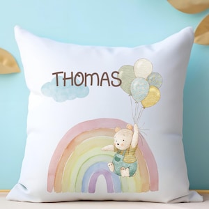 Funda de almohada de oso de miel personalizada, almohada para dormitorio infantil, decoración de habitación infantil con arcoíris, linda almohada con diseño de oso y globo