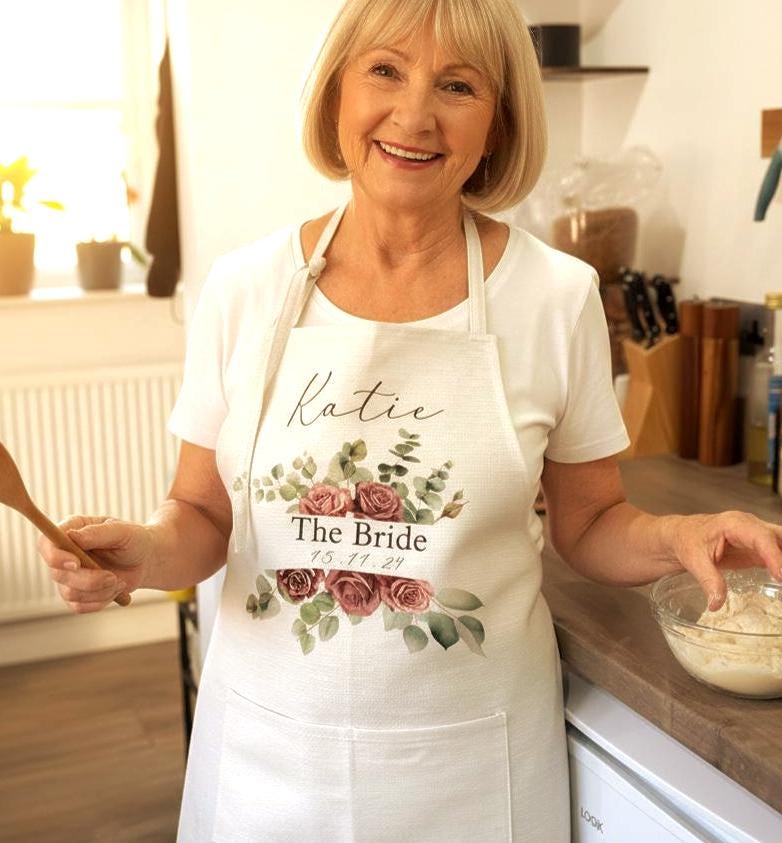 Personalised Linen Apron, Roses Eucalyptus Wreath, Bridal Gift, New Mrs ...