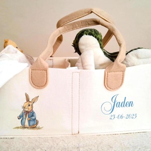 Personalised Blue Rabbit Bunny Print Baby Set: bespoke design Romper Suit, Sleep-suit, unique Nappy Caddy, quality Blanket