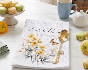 Personalised Anniversary Kitchen Tea Towel Butterfly Floral Wedding Keepsake Mother Grandma gift