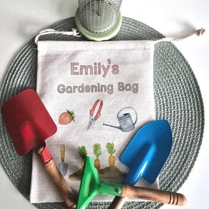 Personalised Kids Gardening Set, Custom Name Linen Tool Bag ,Childrens Outdoor Spring Gift