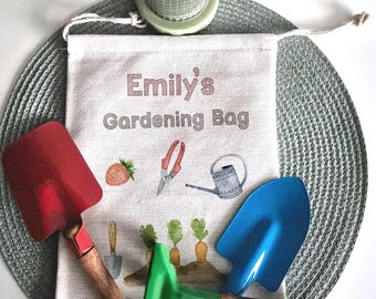 Personalised Kids Gardening Set, Custom Name Linen Tool Bag ,Childrens Outdoor Spring Gift