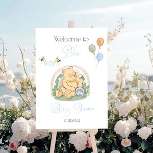 Personalised Honey Bear Christening Welcome Sign: A3 Greenery Baptism Decor
