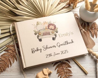 Personalised Safari Baby Shower Guest Book, Jungle Animal Message Keepsake, Neutral Nursery Sign In