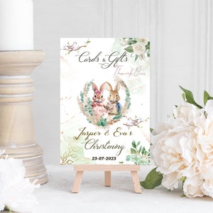 Diseño de conejito personalizado Letrero de libro de visitas, letrero de invitado Twins Rabbit, letrero de tarjetas y regalos, baby shower, letrero de mesa, decoración de letrero de bautizo