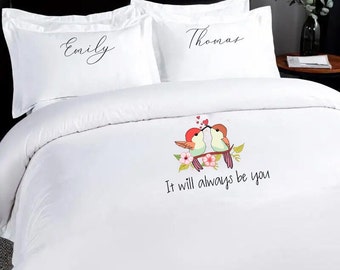 Personalised couple duvet cover, love bird design double bedding set, Mr and Mrs wedding gift,